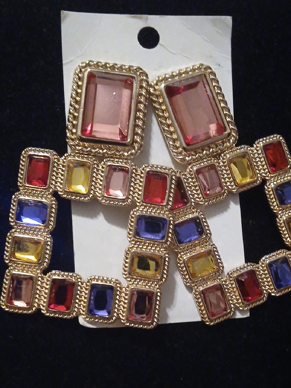 Gold-Tone Multi-Color Gemstone Drop Earrings - Pink, Red, Blue & Yellow